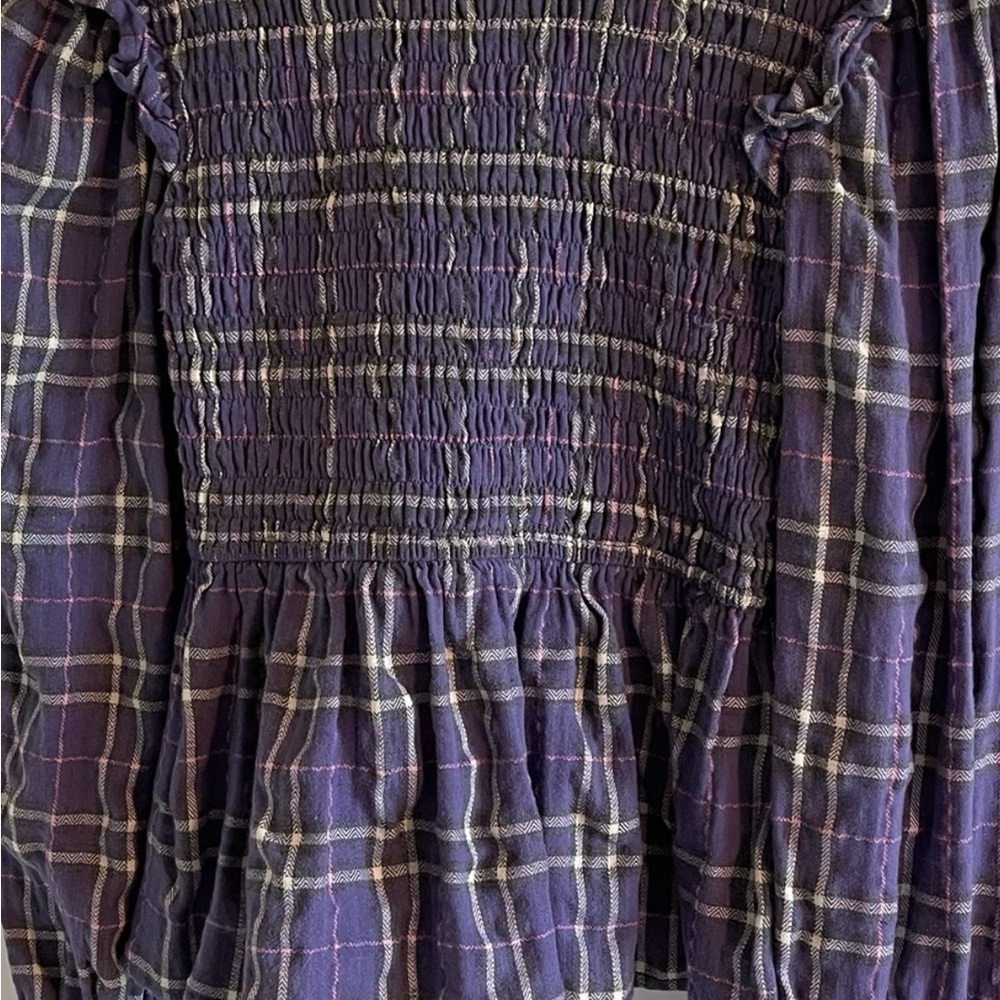 She & Sky Smocked Plaid Blouse Cottagecore Academia Peplum Puff Sleeve Sz S - Picture 6 of 7